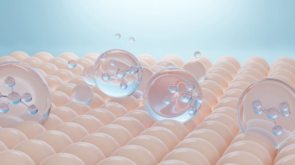 3D 模擬皮膚組織結構與保濕分子球體，展示玻尿酸或保養成分深入表皮層進行修復與補水的科學意象